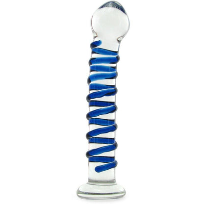 The Glas Blue Spiral Glass Dildo by Gläs is a clear, fracture-resistant cylindrical glass object with a round top, flat base, and blue spiral design.