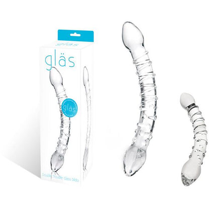 The Gläs Double Trouble Glass Dildo, featuring a transparent, curved shape with bulbous ends and spiral ridges on its fracture-resistant glass shaft, is displayed next to its packaging, which includes the product name and an image of the dildo.