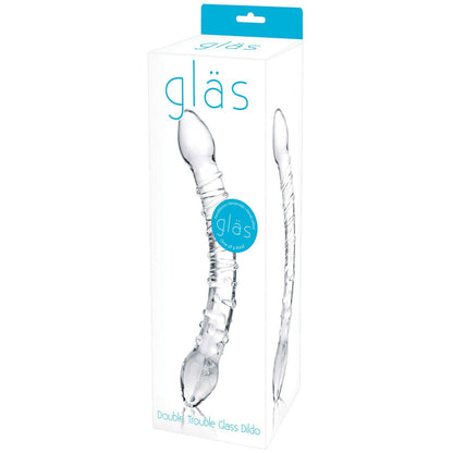 The image shows the Gläs Double Trouble Glass Dildo box, highlighting the clear, double-headed dildo with its textured surface. Made from fracture-resistant glass for durability, the top of the box prominently displays the Gläs brand logo.