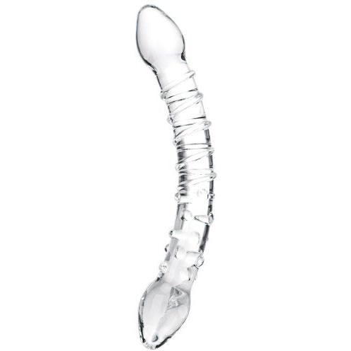 The Gläs Double Trouble Glass Dildo is a transparent, curved object featuring textured spiral details and crafted from fracture-resistant glass for enhanced durability.