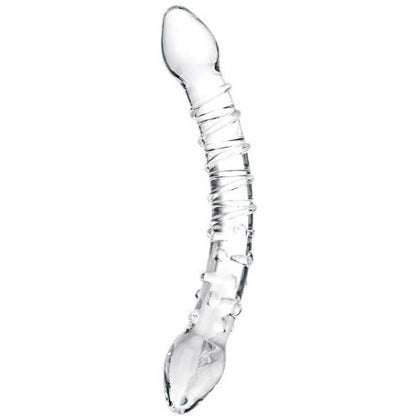 The Gläs Double Trouble Glass Dildo is a transparent, curved object featuring textured spiral details and crafted from fracture-resistant glass for enhanced durability.
