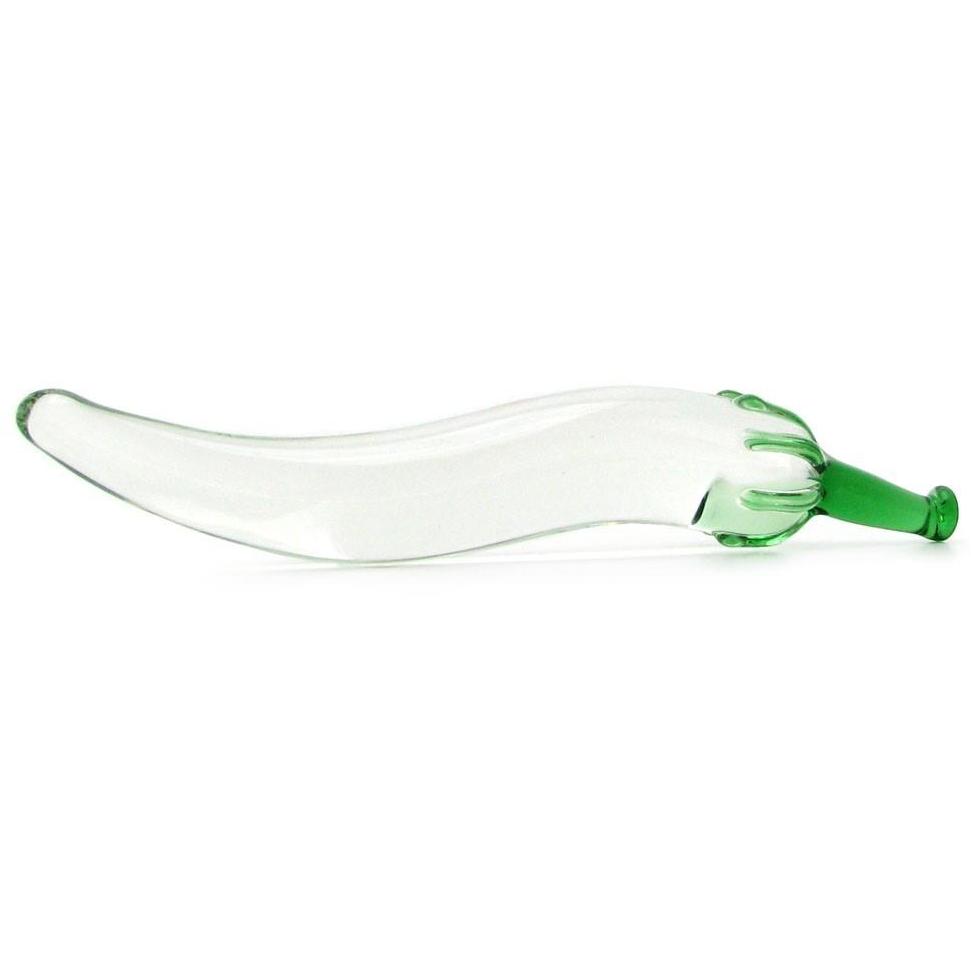 The Gläs Glass Naturals Chili Pepper Dildo by Gläs mimics a long chili pepper with a green stem, featuring a smooth, curved body made from fracture-resistant glass.