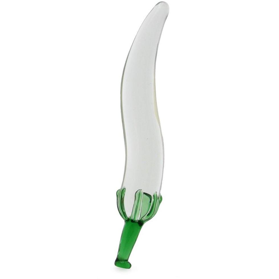 The Gläs Naturals Chili Pepper Dildo is crafted from clear, fracture-resistant glass, elegantly shaped like a long chili pepper with a green base and tip. This sleek sculpture stands upright, highlighting its artistic allure.