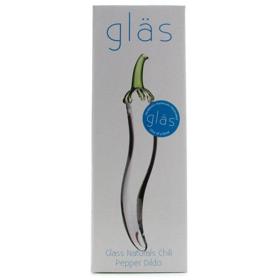 The box for the Gläs Glass Naturals Chili Pepper Dildo displays a clear image of this fracture-resistant glass toy from the brand Gläs, with its description in simple typography on a clean white background.
