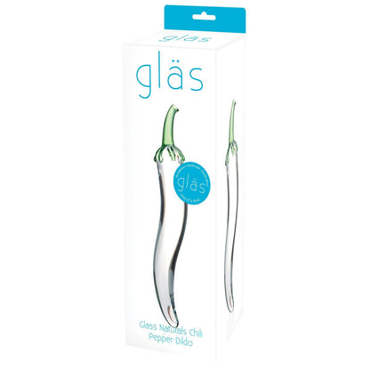 The Glas Glass Naturals Chili Pepper Dildo comes in a white box with sleek blue text and an image of the product. The Gläs brand name is prominently displayed at the top, highlighting its fracture-resistant glass construction for elegance and durability.