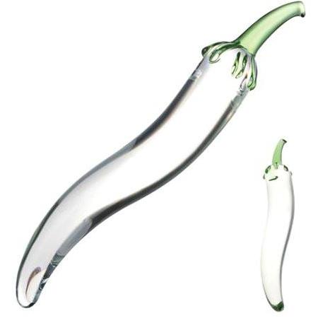 The Gläs Glass Naturals Chili Pepper Dildo is a clear glass object resembling a chili pepper, with a curved body and green stem, made from fracture-resistant glass for beauty and durability.