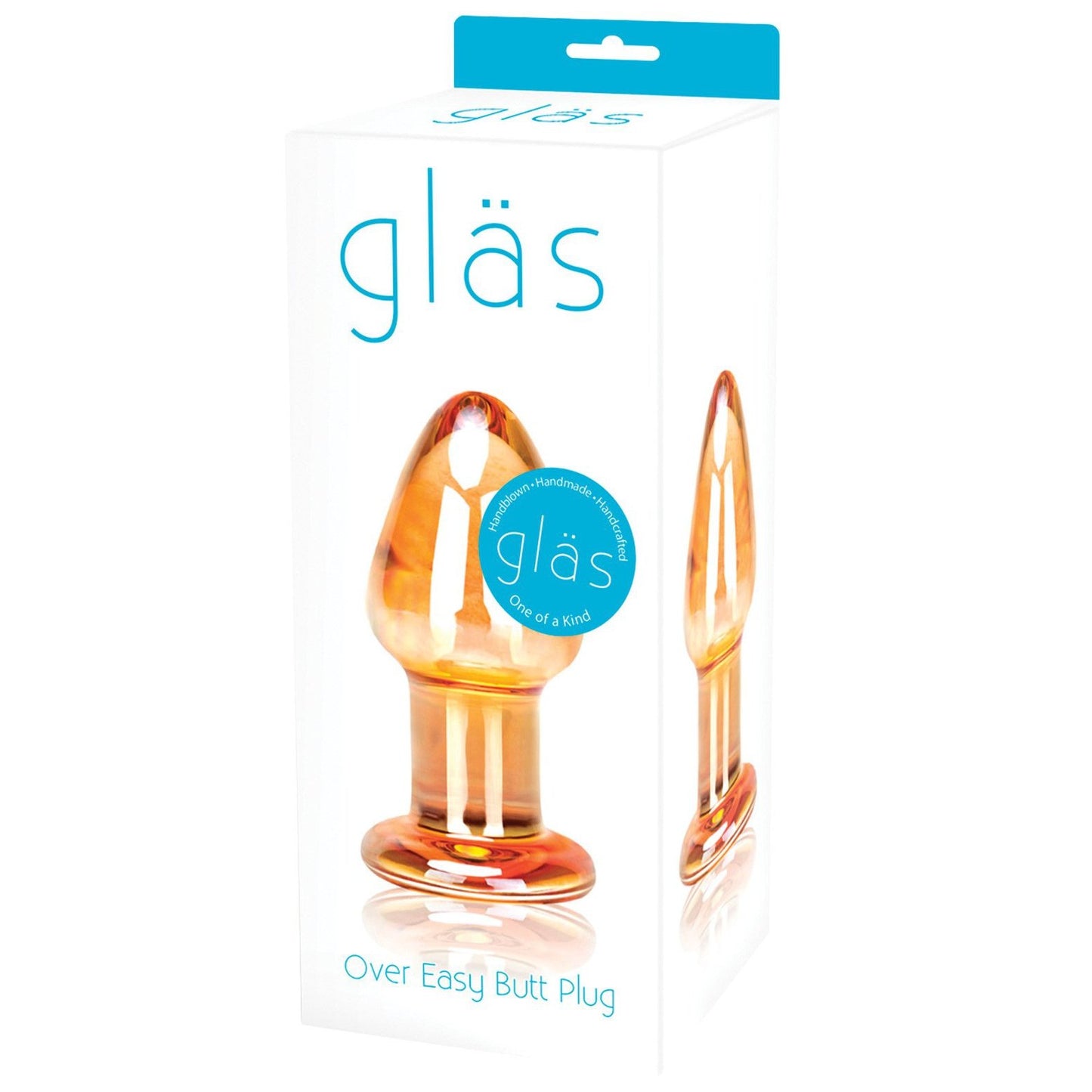 The Gläs Over Easy Butt Plug features stunning packaging that highlights its orange-tinted, hand-blown glass design with a ring handle. Ideal for temperature play, this elegant piece stands out in any display.