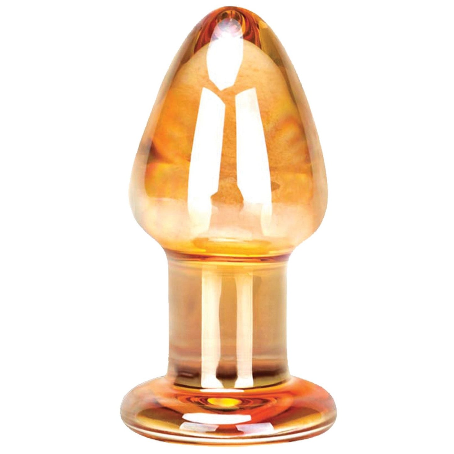 The Gläs Over Easy Butt Plug, a hand-blown translucent amber glass sculpture by Gläs, features a tapered top and wide base that elegantly reflects light.
