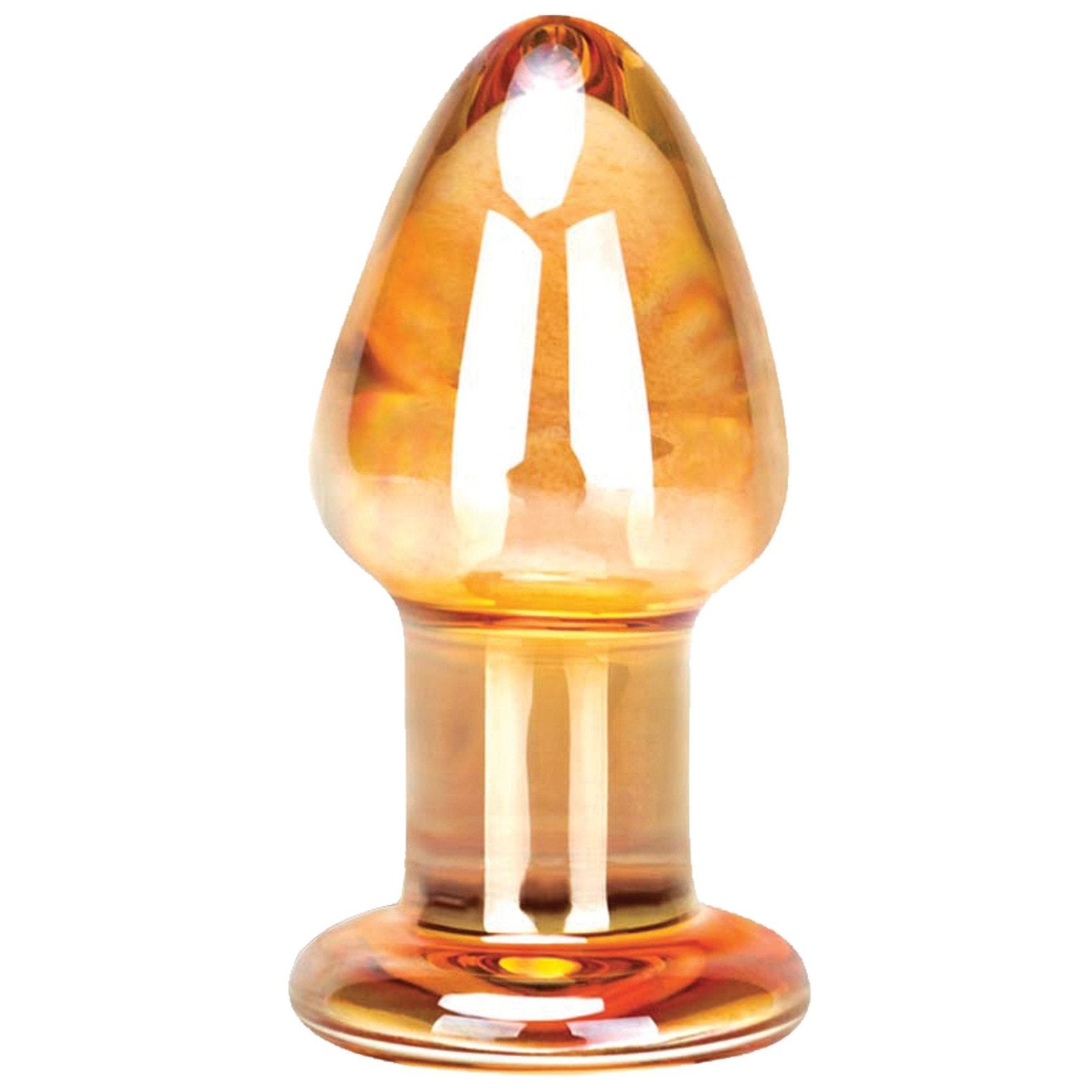 The Gläs Over Easy Butt Plug, a hand-blown translucent amber glass sculpture by Gläs, features a tapered top and wide base that elegantly reflects light.