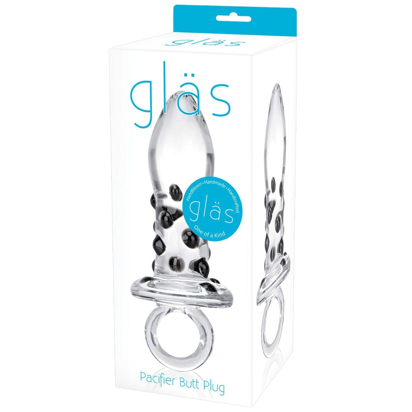 The packaging for Adams Toy Boxs Glas Pacifier Glass Butt Plug highlights its clear, temperature-resistant glass design with black accents and a ring handle. Crafted from body-safe materials, this plug ensures both comfort and safety for an enhanced experience.