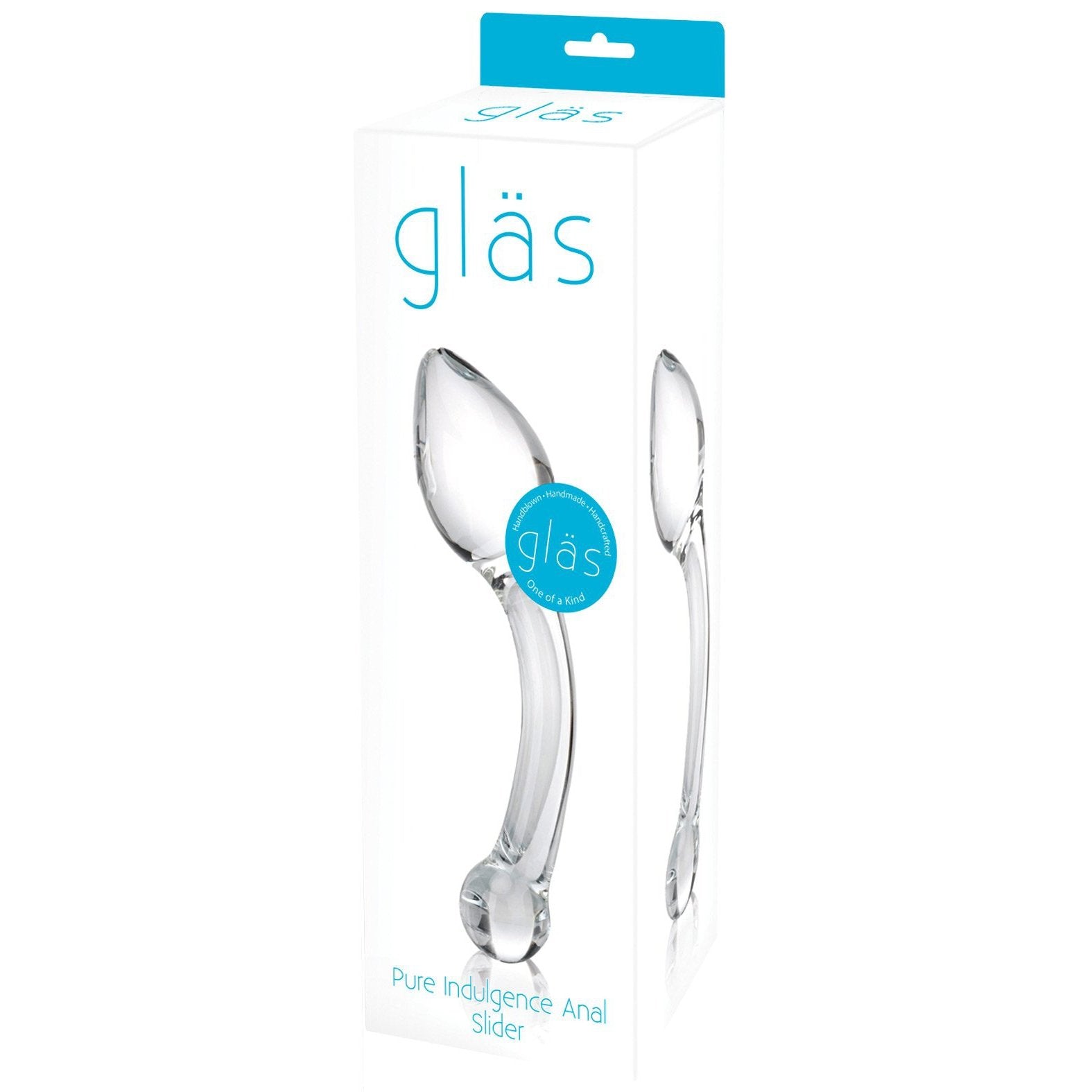 A box with blue accents showcases the Gläs Pure Indulgence Anal Prostate Toy in clear glass. With an image of the curved item, designed for P-spot stimulation, the hand-blown glass packaging features a sleek logo.