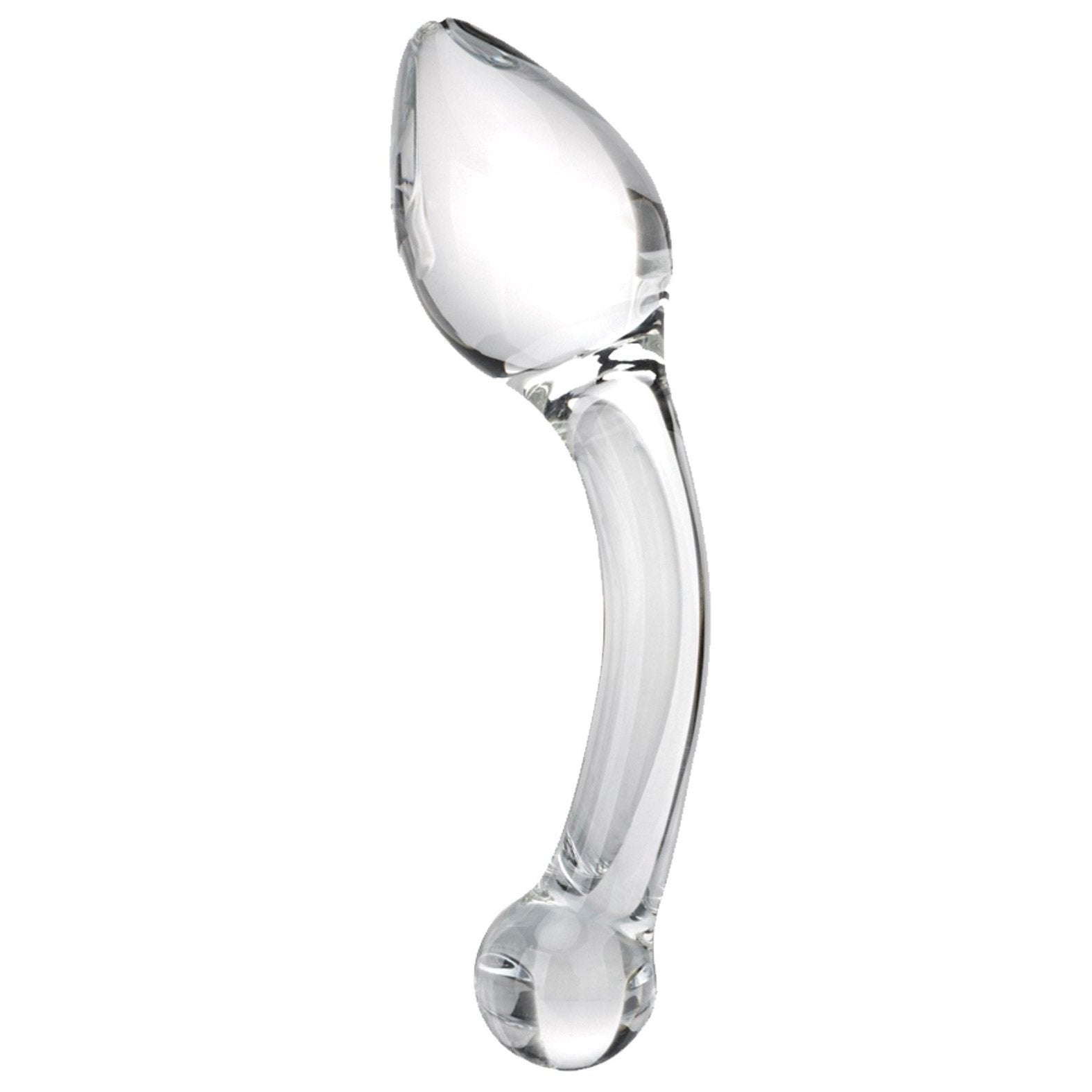 The Gläs Pure Indulgence Anal Prostate Toy is a hand-blown, clear, curved glass object with a smooth surface. One end is teardrop-shaped for precise P-spot stimulation, while the other is spherical.