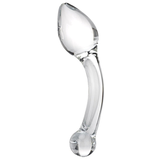 The Gläs Pure Indulgence Anal Prostate Toy is a hand-blown, clear, curved glass object with a smooth surface. One end is teardrop-shaped for precise P-spot stimulation, while the other is spherical.