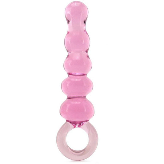 The pink Glas Quintessence Beaded Glass Anal Slider by Glas is a hand-blown, transparent butt plug with smooth, rounded segments and a ring handle. Its polished surface gleams as it stands vertically against a plain white background.