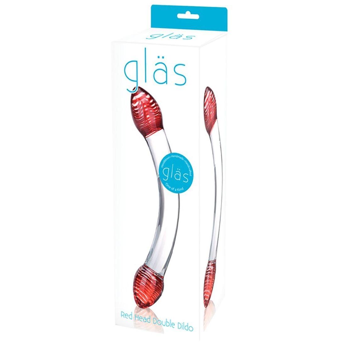 The image shows the packaging for a Gläs product labeled Glas Red Head Double Glass Dildo, featuring a clear and red, fracture-resistant glass dildo. The brand name and product details are clearly visible on the box.