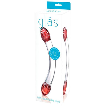 The image shows the packaging for a Gläs product labeled Glas Red Head Double Glass Dildo, featuring a clear and red, fracture-resistant glass dildo. The brand name and product details are clearly visible on the box.