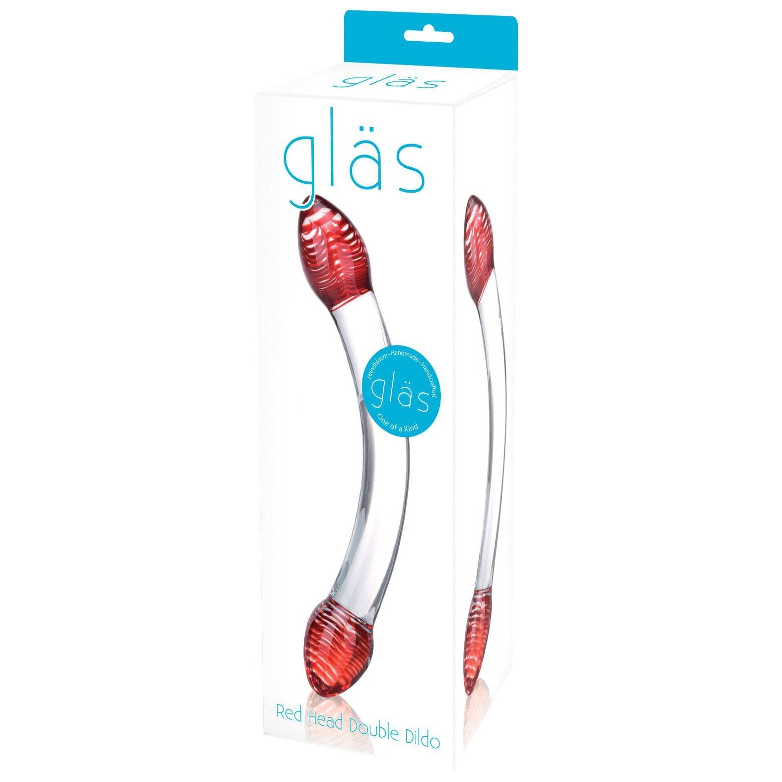 The packaging for the Gläs Red Head Double Glass Dildo features striking imagery of a double glass dildo with red textured ends. The fracture-resistant glass design is highlighted, along with the product name and Gläs logo prominently displayed on the front.