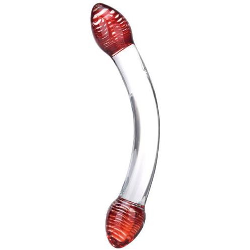 A decorative art-like object resembling the Glas Red Head Double Glass Dildo by Gläs, featuring a curved, clear glass design with red textured tips at both ends, crafted from fracture-resistant glass.
