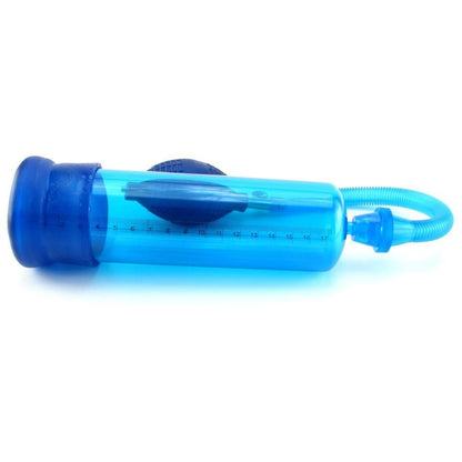 The Head Coach Erection Pump by California Exotic Novelties is blue with a transparent chamber, flexible hose, and air extraction bulb. It features measurement markings for precise tracking.