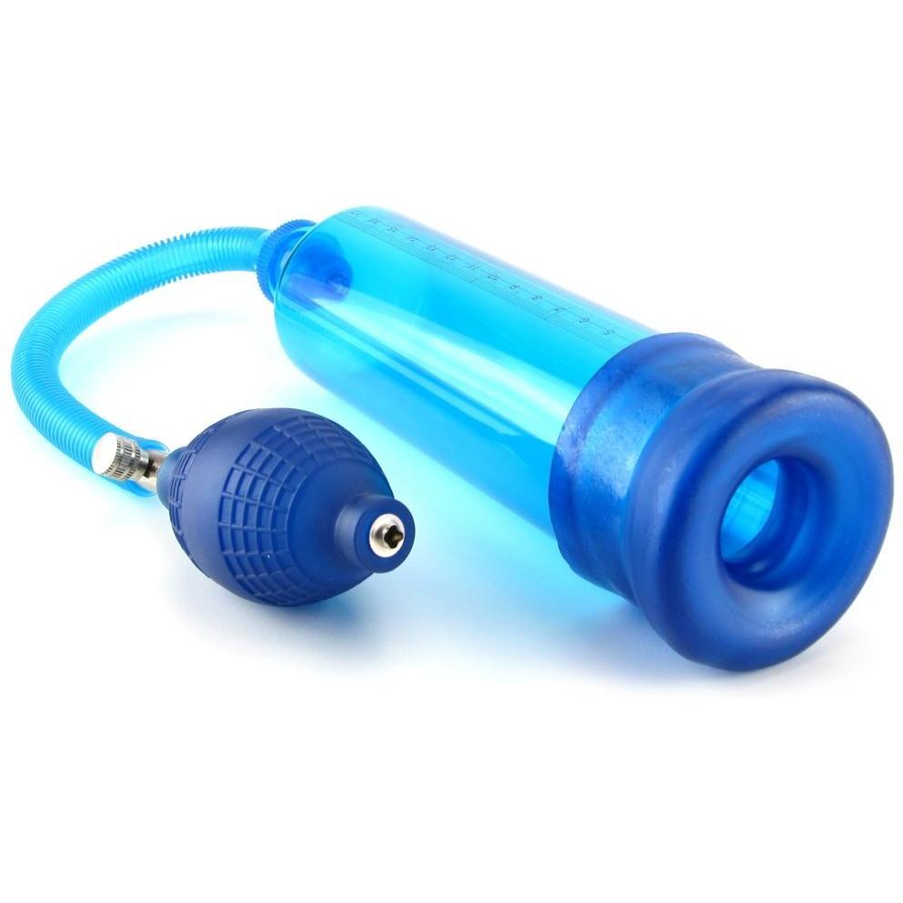 The Head Coach Erection Pump by California Exotic Novelties features a blue transparent cylindrical chamber, an attached flexible hose, and a bulb for manual pumping. Its crafted from durable plastic, showcasing the brands renowned quality and innovation.