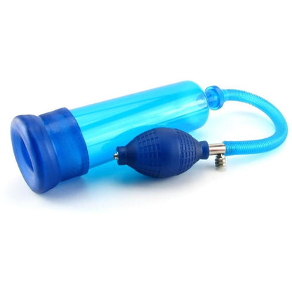 The Head Coach Erection Pump by California Exotic Novelties features a blue, transparent cylindrical body with a squeeze bulb connected by a flexible tube.