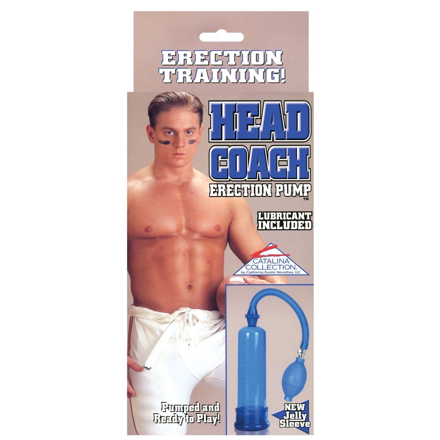 The Head Coach Erection Pump by California Exotic Novelties features packaging with an athletic, muscular man in white pants. It includes a blue pump and highlights its innovative new jelly sleeve for an enhanced experience.