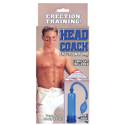 The Head Coach Erection Pump by California Exotic Novelties features packaging with an athletic, muscular man in white pants. It includes a blue pump and highlights its innovative new jelly sleeve for an enhanced experience.