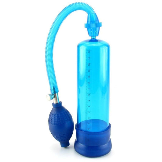 The Head Coach Erection Pump by California Exotic Novelties features a transparent cylinder with a measurement scale, a flexible blue tube, and a black bulb for manual suction.