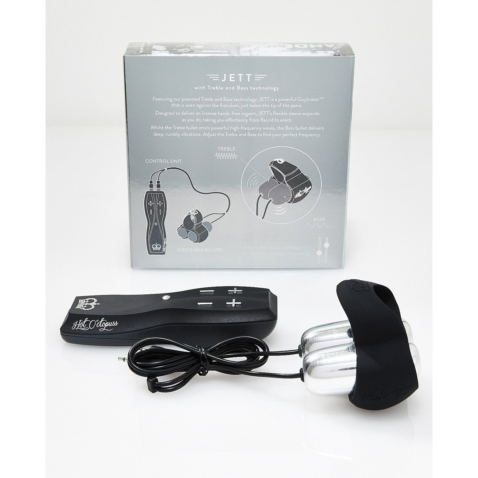 A sleek black control unit with buttons is connected to the Hot Octopuss Jett Remote Guybrator, which boasts advanced Treble and Bass Technology for enhanced personal wellness. The box includes details and usage instructions that simplify optimizing your health tech experience.