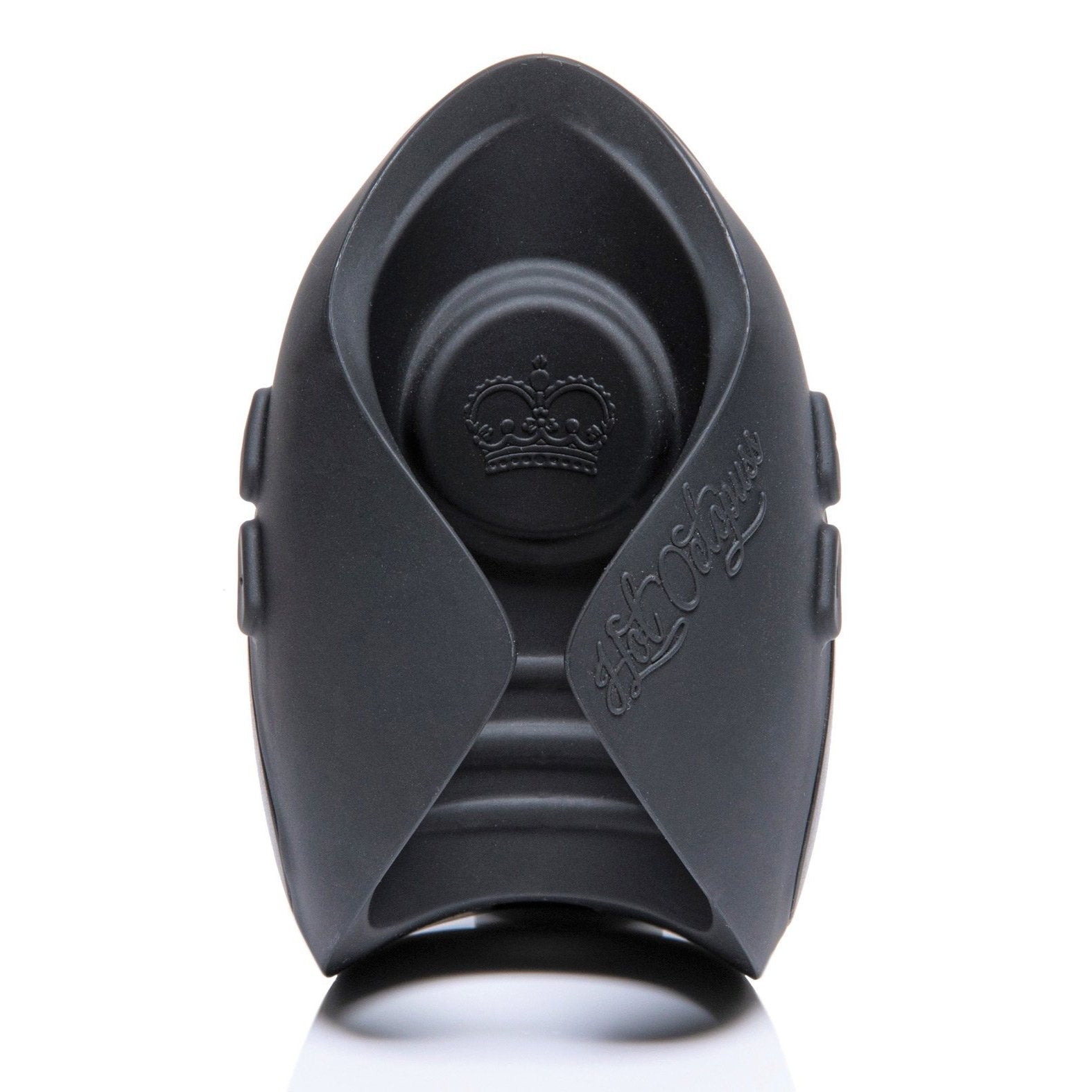 The black Hot Octopuss Pulse Solo Lux male masturbator features intricate embossing with rounded edges and royal crest details, and utilizes PulsePlate Technology. It rests elegantly on a reflective white background.