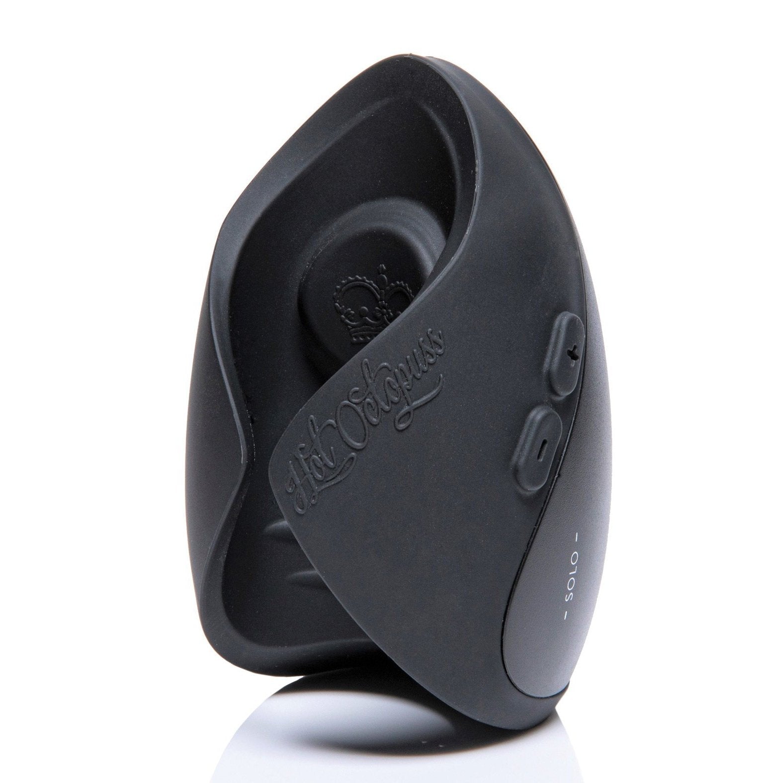 The Hot Octopuss Pulse Solo Lux, a sleek black handheld device with embossed text and side buttons, featuring PulsePlate Technology, stands upright on a reflective surface.