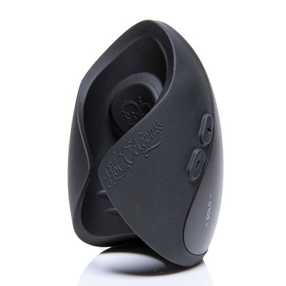 The Hot Octopuss Pulse Solo Lux, a sleek black handheld device with embossed text and side buttons, featuring PulsePlate Technology, stands upright on a reflective surface.