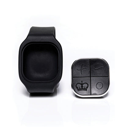 The Hot Octopuss Pulse Solo Lux, a black wrist device with a square face and PulsePlate Technology, displays four icons: a cross, eye, crown, and circle. It features a detachable waterproof strap, all showcased on a white background.