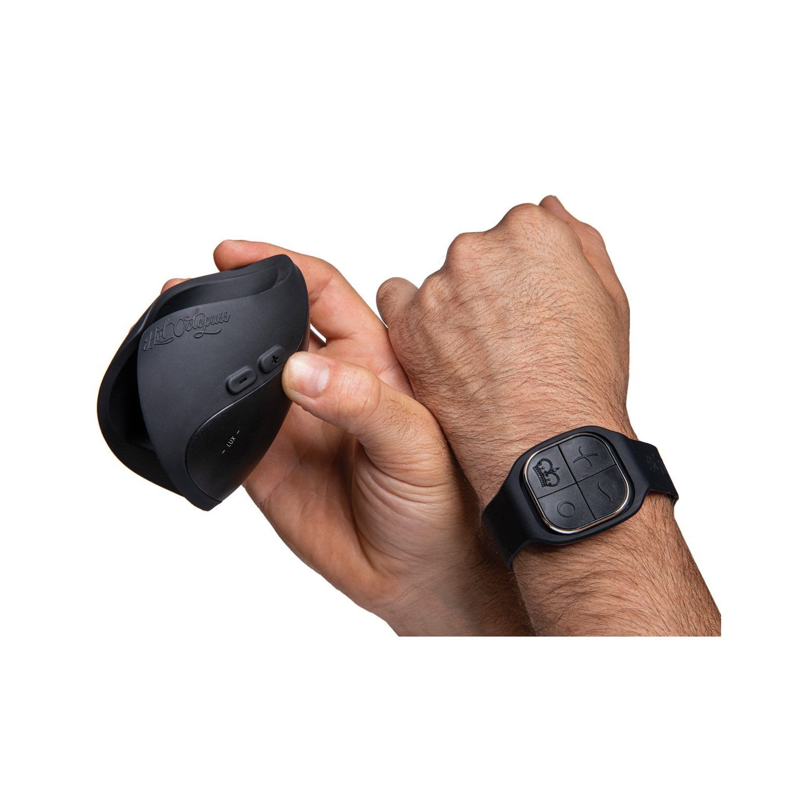 A person is showcasing the waterproof Hot Octopuss Pulse Solo Lux featuring PulsePlate Technology on their wrist. They hold a sleek black ergonomic controller. The device has a black band and a square interface with multiple buttons for seamless interaction.