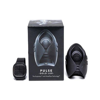 The Hot Octopuss Pulse Solo Lux package displays its sleek black design and advanced PulsePlate Technology, featuring the branded box with a product image and includes a black remote control for easy use of this innovative male masturbator.