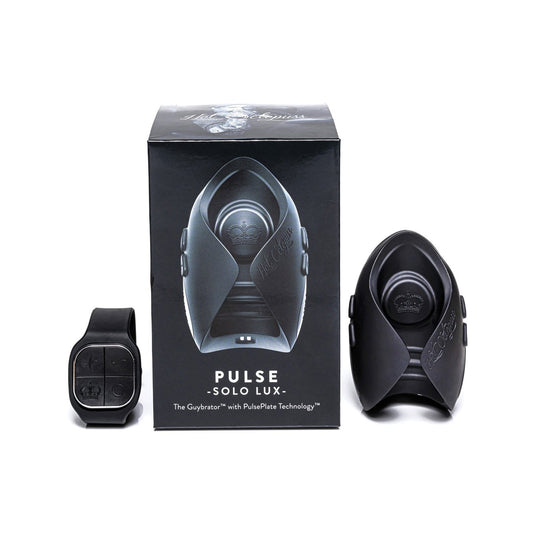 The Hot Octopuss Pulse Solo Lux package displays its sleek black design and advanced PulsePlate Technology, featuring the branded box with a product image and includes a black remote control for easy use of this innovative male masturbator.