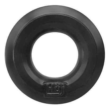 A black, circular rubber gasket with a smooth surface, featuring a small embossed logo at the bottom and a central circular cutout. It is crafted from a silicone blend, similar to the Hunky Junk C Ring by Hunky Junk.