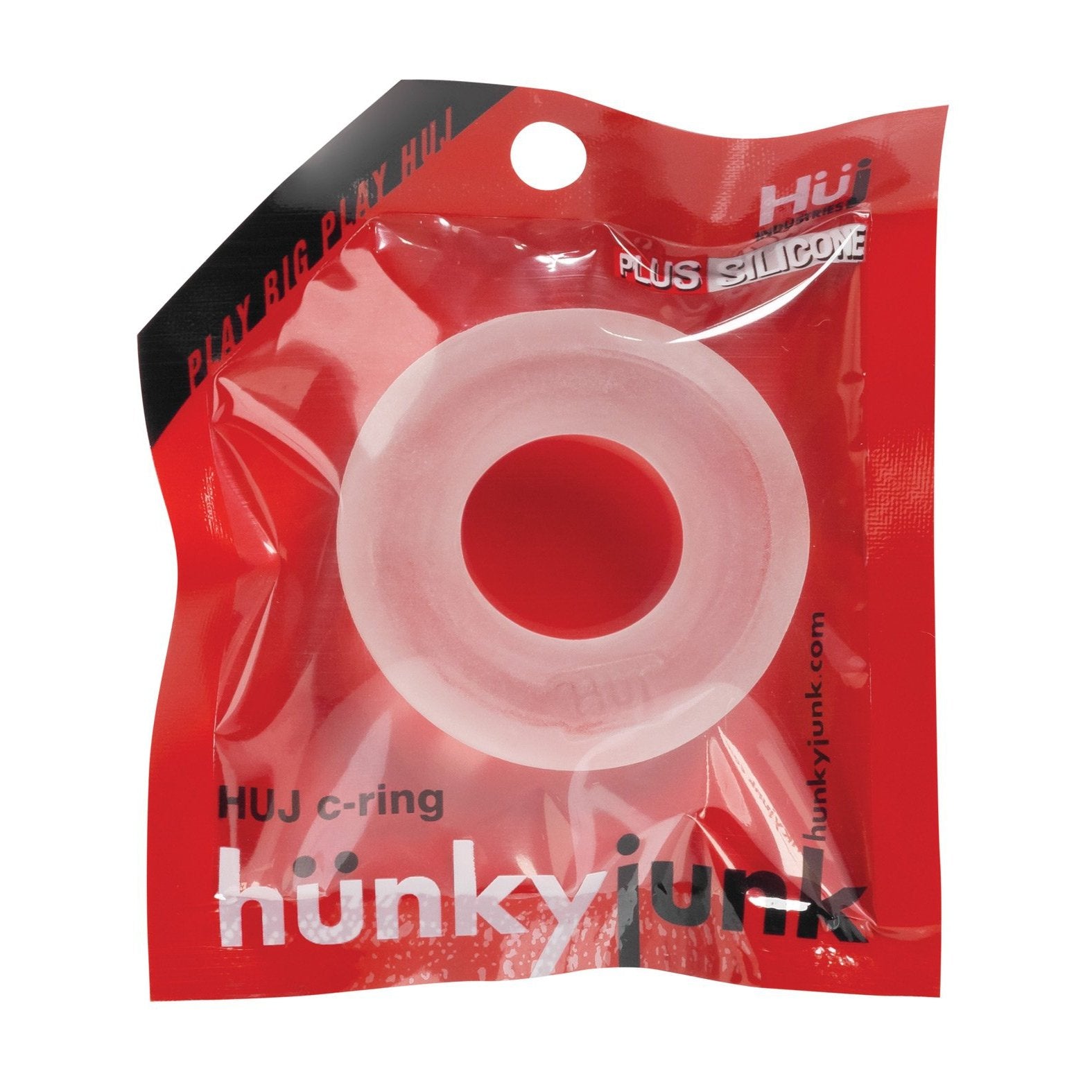The red package displays the Hunky Junk C Ring - Singles, a clear silicone blend, with Play Big Play HUJ on top and hunky junk at the bottom. Ideal for those wanting a stylish and functional cock ring by Hunky Junk.
