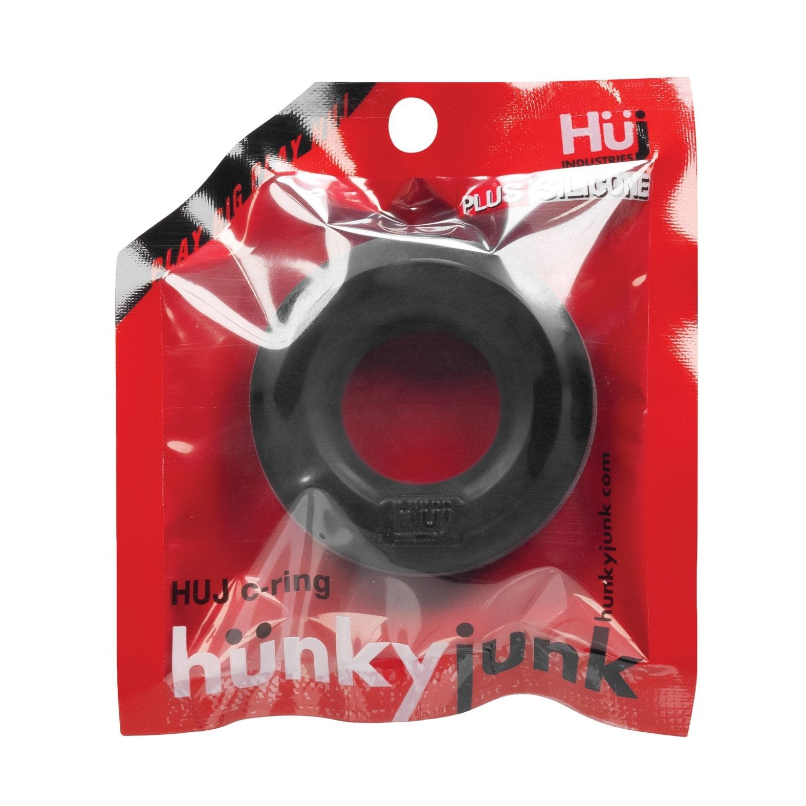The Hunky Junk C Ring - Singles by Hunky Junk is a sleek, round black silicone blend ring, elegantly packaged in a red and clear plastic bag with product branding and text.