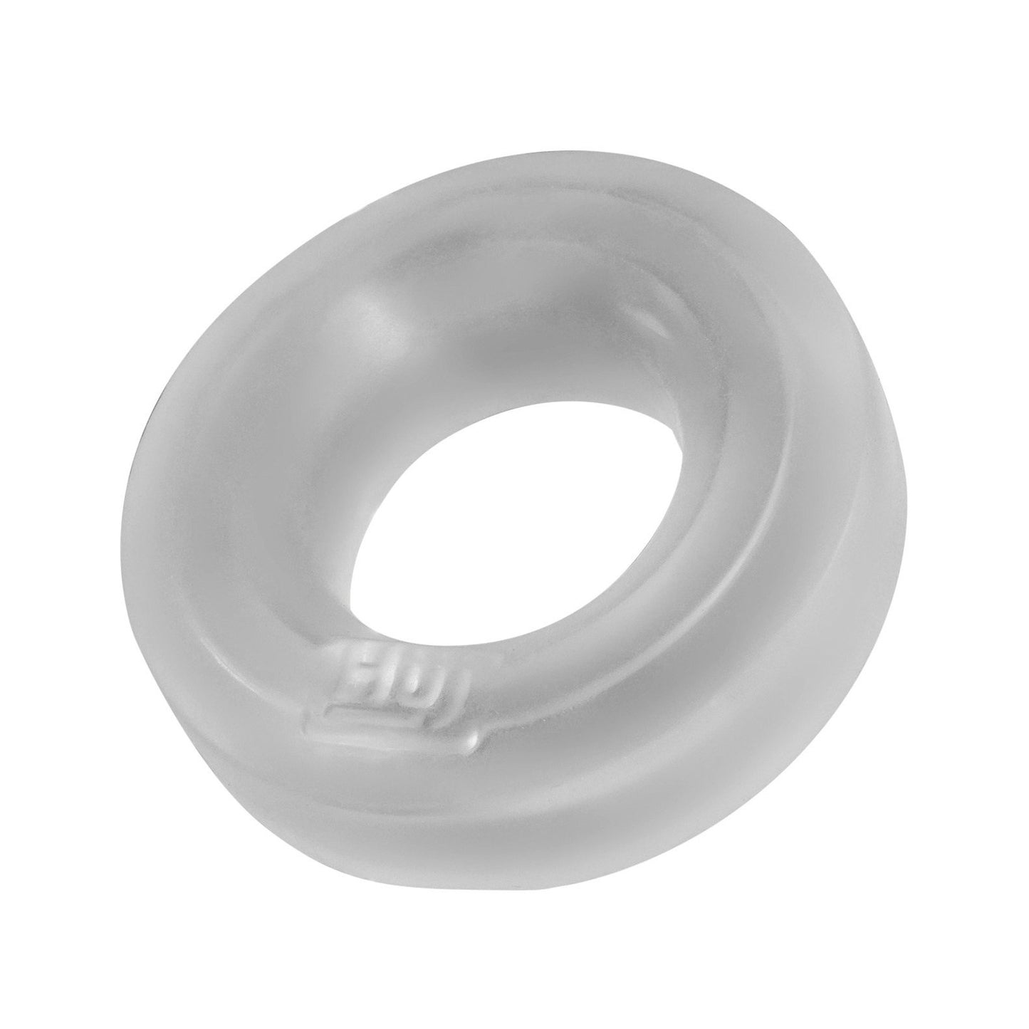 A transparent, smooth silicone blend ring-shaped object with a hole in the center, resembling the Hunky Junk C Ring - Singles, known for its flexibility.