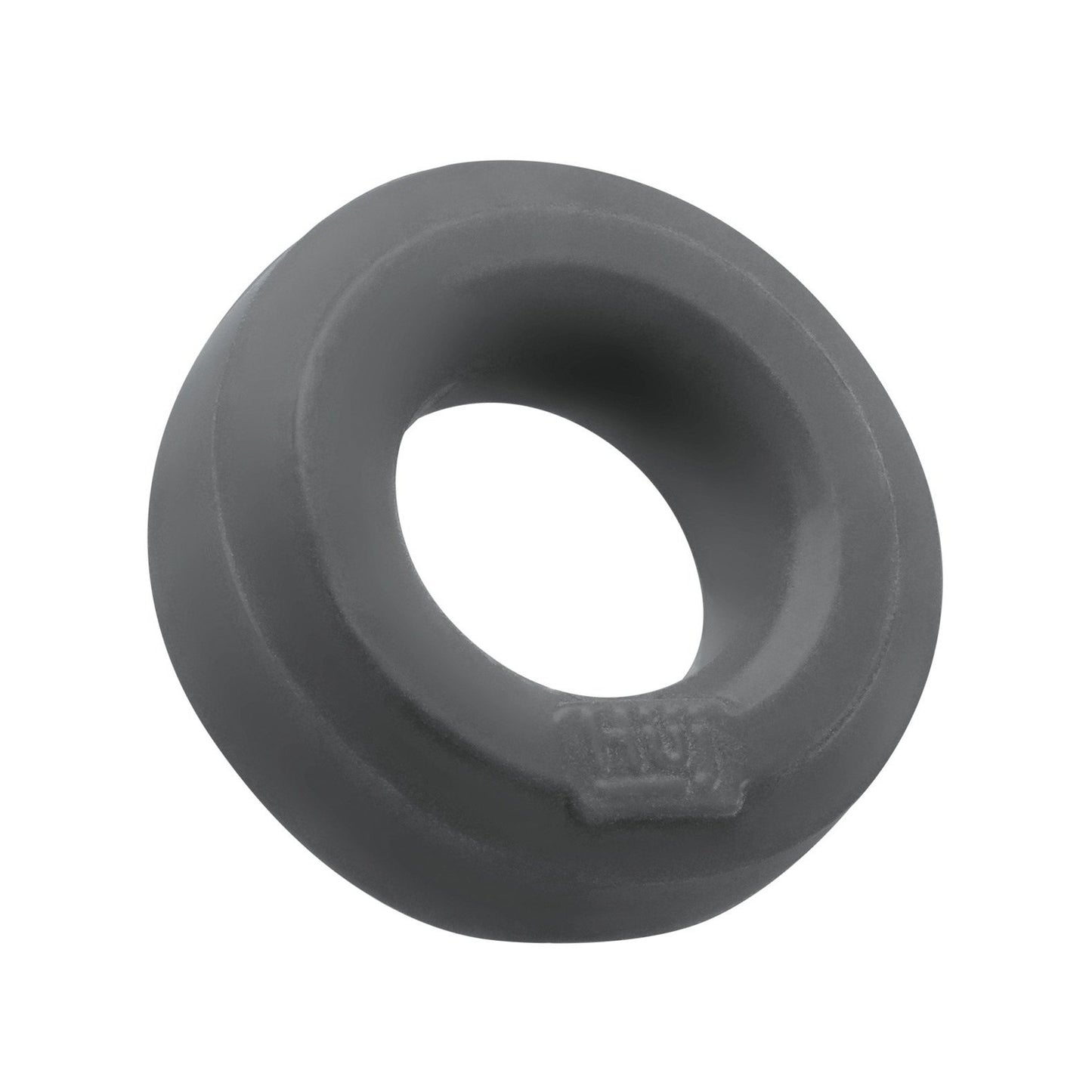 The Hunky Junk C Ring - Singles is a gray, round silicone blend rubber ring viewed from an angle, featuring a smooth texture with a circular center hole and a small embossed logo on the side.