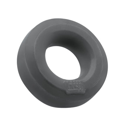 The Hunky Junk C Ring - Singles is a gray, round silicone blend rubber ring viewed from an angle, featuring a smooth texture with a circular center hole and a small embossed logo on the side.