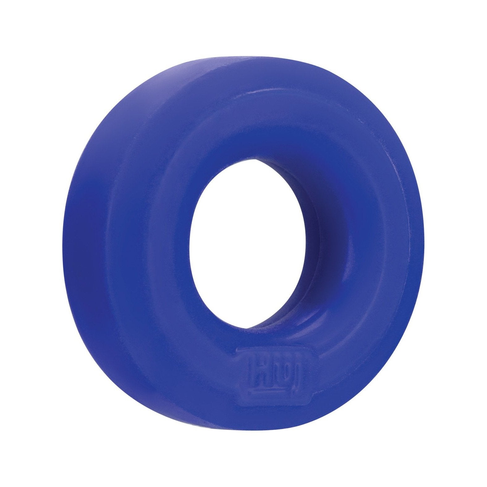 A blue rubber wheel, made from a silicone blend with smooth edges and an embossed logo, features a central hole. Similar to the Hunky Junk C Ring - Singles by Hunky Junk, it is set elegantly against a plain white background.