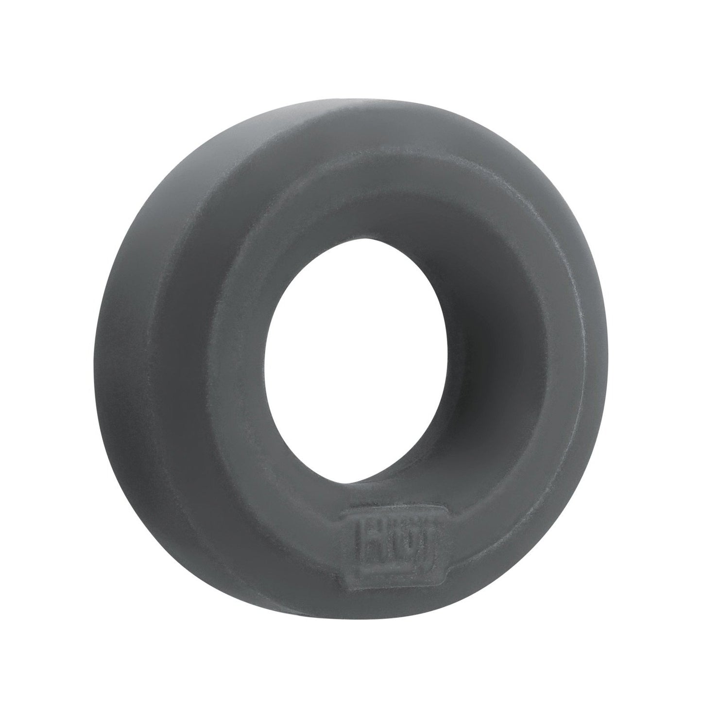 The Hunky Junk C Ring - Singles features a smooth, dark gray, round rubber wheel crafted from a silicone blend with a uniform surface and sturdy appearance. It bears a small logo reminiscent of the iconic Hunky Junk style on one side near the bottom edge.