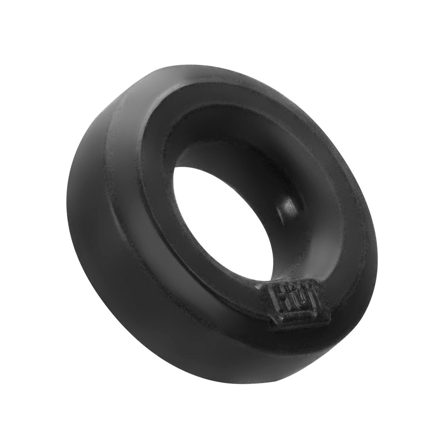 A black rubber hockey puck with a smooth surface and raised edge, featuring a small embossed logo, reminiscent of the Hunky Junk C Ring - Singles design.