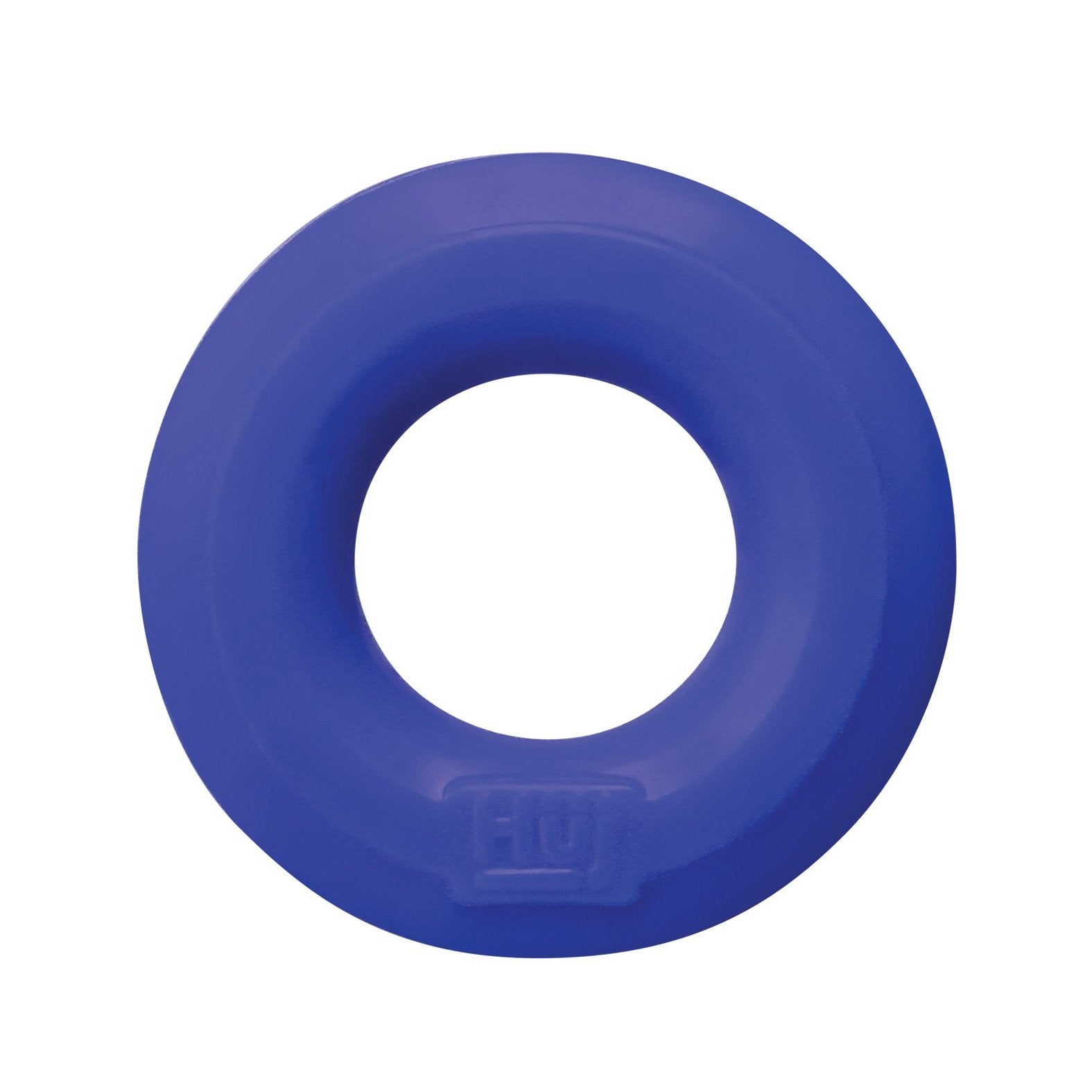 A view from above reveals the Hunky Junk C Ring—Singless in blue. Crafted from a silicone blend, this circular dog toy features a smooth surface with an embossed logo near the edge and a hollow center.