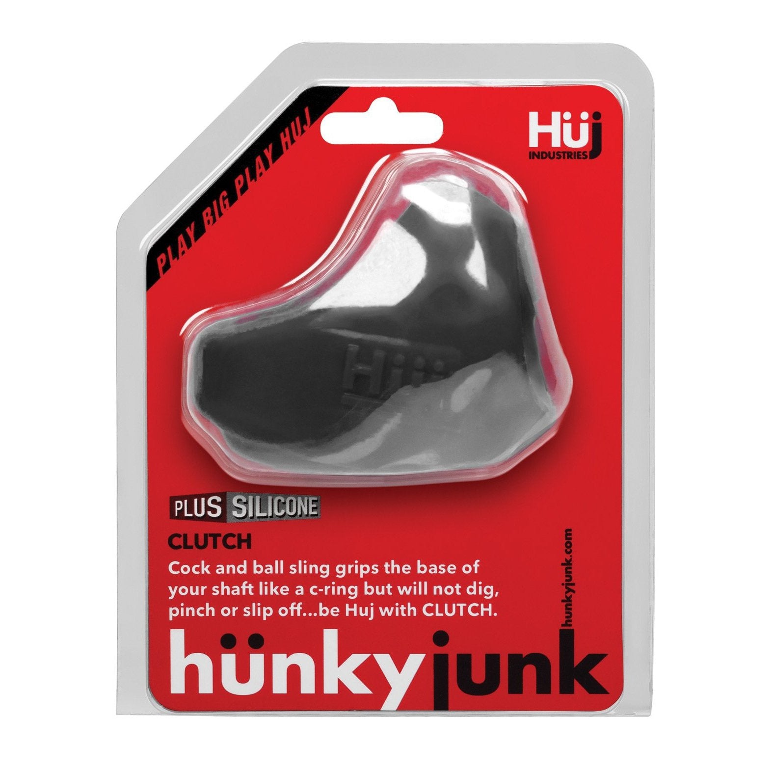 The Hunky Junk Clutch Cock & Ball Sling by Adams Toy Box comes in clear plastic with a red and white background, showcasing its 8th gen clutch made from a TPR/silicone blend. The packaging boldly declares: Play big, play Hüj! while emphasizing the slings innovative features.