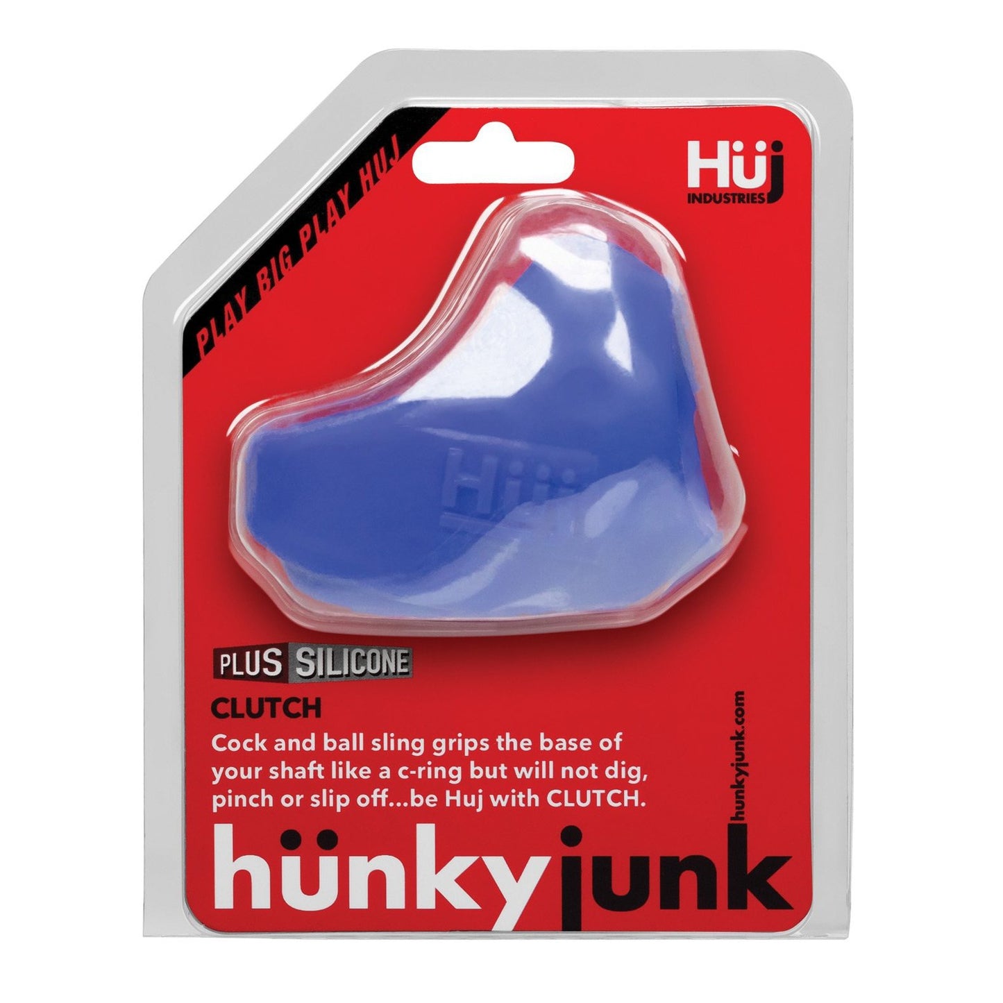 The Hunky Junk Clutch Cock & Ball Sling from Adams Toy Box comes in blue, made with a plus+silicone TPR/silicone blend. Its packaging features bold red and black text to highlight its 8th gen design.