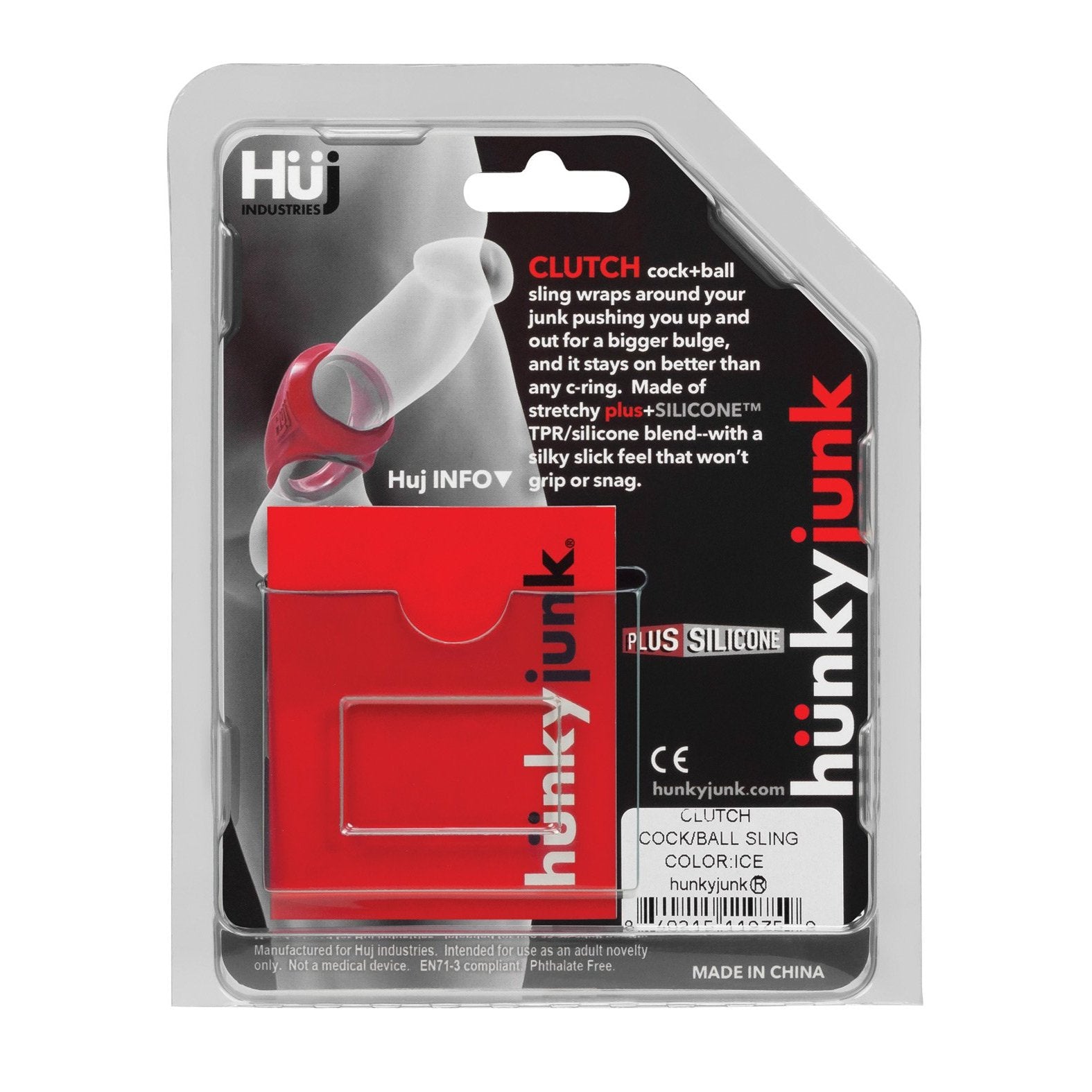 Adams Toy Box presents the Hunky Junk Clutch Cock & Ball Sling, packaged with a clear design and bold red accents outlining its role as an 8th gen cock & ball sling. The packaging details its features and innovative plus+silicone TPR/silicone blend material. Made in China is noted at the bottom.