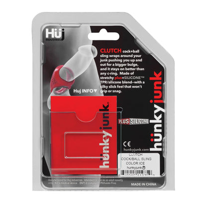 The Hunky Junk Clutch Cock & Ball Sling by Adams Toy Box features a bold black and red package highlighting its 8th gen design, made of a stretchy plus+silicone TPR/silicone blend with white text emphasizing its comfort and fit.